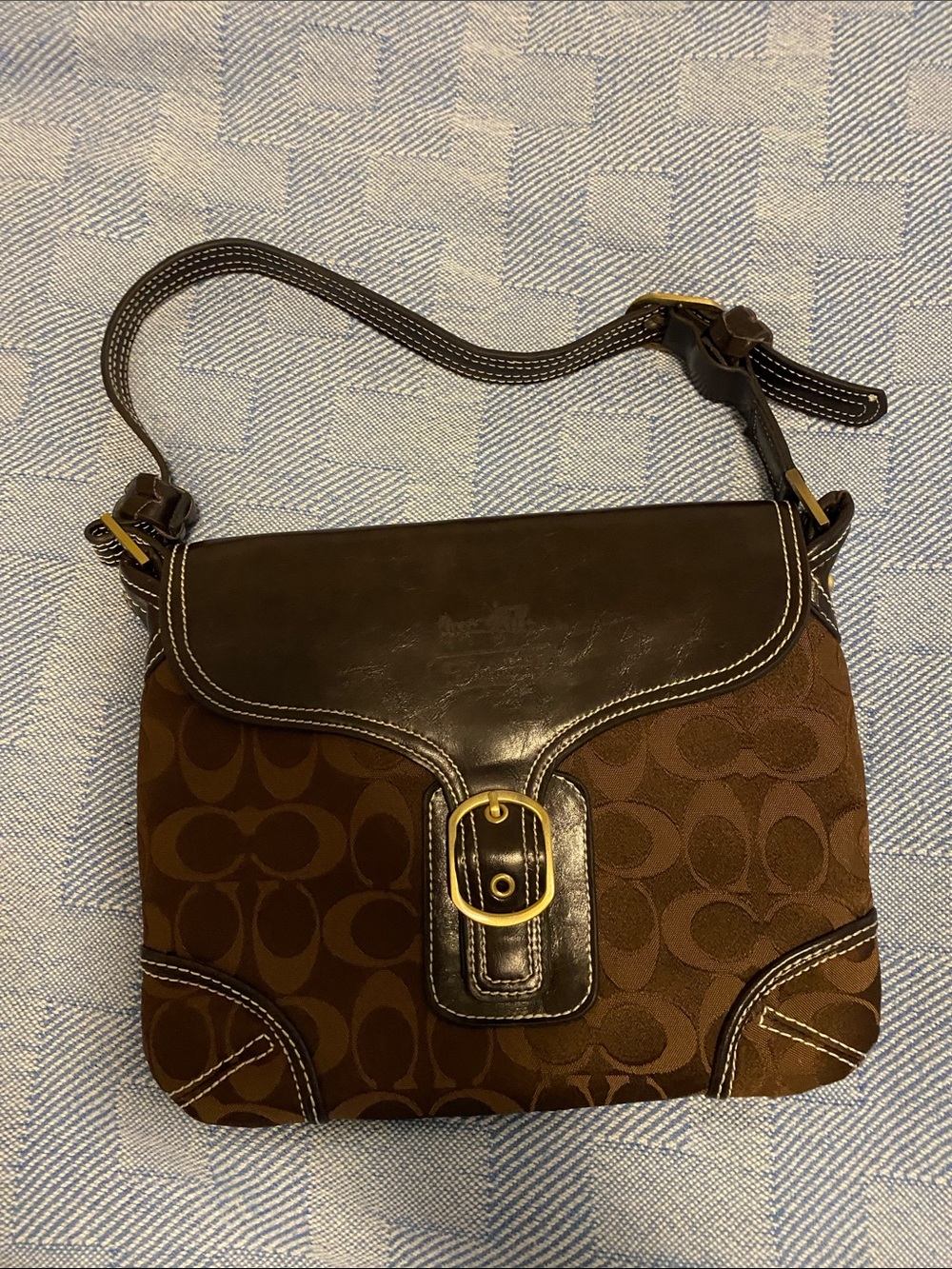 Coach Brown Canvas Signature Shoulder Bag with Dark Brown Leather Trim